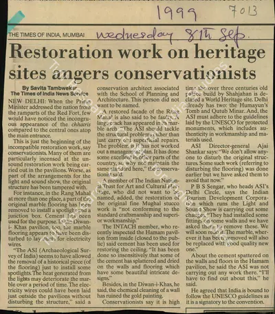 Savita Tambwekar (Reporter), Restoration work on Heritage sites Angers Conservationists, 1999, Newspaper Clipping