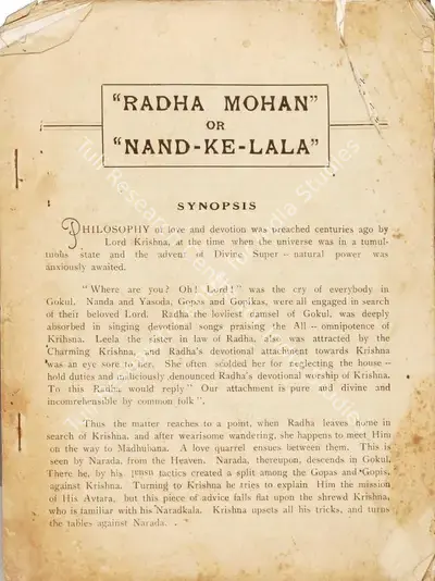 Nanubhai B. Vakil (Director), Radha Mohan, 1934, Song-Synopsis Booklet