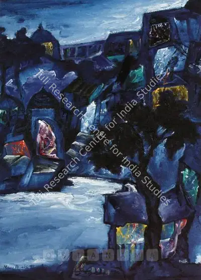 Manu Parekh (Artist), Benaras In The Moonlight, 1991, Painting