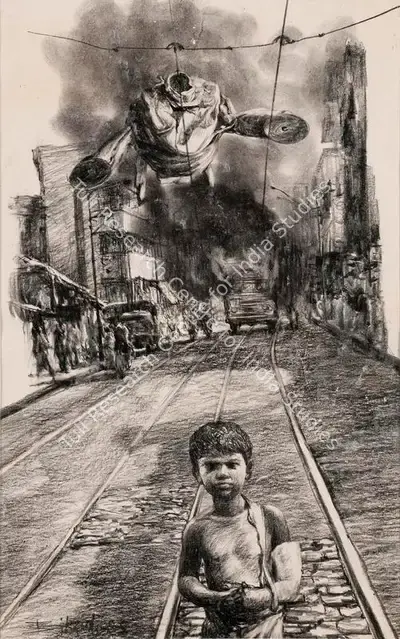 Bikash Bhattacharjee (Artist), Untitled (Boy on Tram Tracks), 1985, Painting