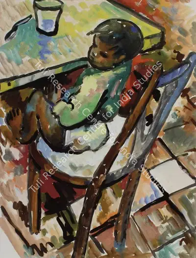 M.F. Husain (Artist), Small boy sitting in a Chair, 1948, Painting
