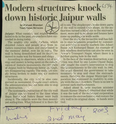 Prakash Bhandari (Reporter), Modern Structures Knock down Historic Jaipur Walls, 2003, Newspaper Clipping