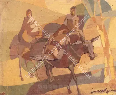 Jamil Naqsh (Artist), Untitled (Two Women Seated In Donkeys), Painting