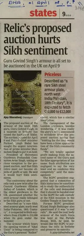 Ajay Bharadwaj (Reporter), Relics Proposed Auction Hurts Sikh Sentiment, 2008, Newspaper Clipping