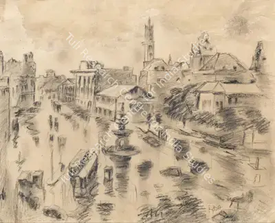 S.H. Raza (Artist), Flora Fountain, Bombay, 1946, Drawing