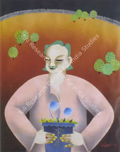 Dharmanarayan Dasgupta (Artist), Man With Flower Pot, 1984, Painting
