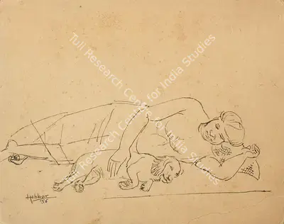 K.K. Hebbar (Artist), N S Bendre with his pet dog, 1956, Drawing