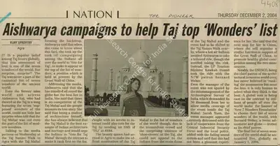 Vijay Upadhyay (Reporter), Aishwarya Campaigns to help Taj Top 'Wonders' list, 2004, Newspaper Clipping