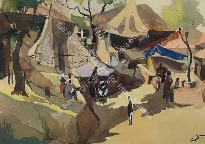 H.A. Gade (Artist), Huts and People, 1945, Painting