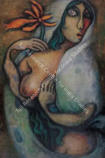Prokash Karmakar (Artist), Woman with Flower, 1985, Painting
