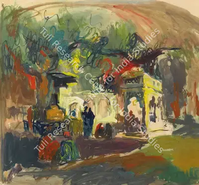 S.H. Raza (Artist), Untitled (Temple Scene), 1955, Painting