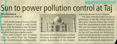 Pallava Bagla (Reporter), Sun ato Power Pollution Control At Taj, 2002, Newspaper Clipping