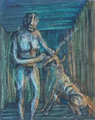 Rabin Mondal (Artist), Man with Dog, 1988, Painting