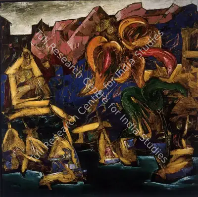 Manu Parekh (Artist), Flying Flower on Ganga, 1989, Painting