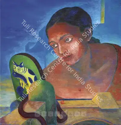 Kaleka, Ranbir (Artist). Woman With Mirror. Acrylic on board, 2000 | Painting | FineArts | 00562525