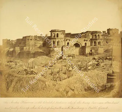 Felice Beato (Photographer), The Muchee Bhawun or old citadel of Lucknow which Sir Henry Lawrence abandoned and partly blew up, when he took up his position in the Residency or Baillie Guard, Lucknow, 1858, Antiquarian Photograph