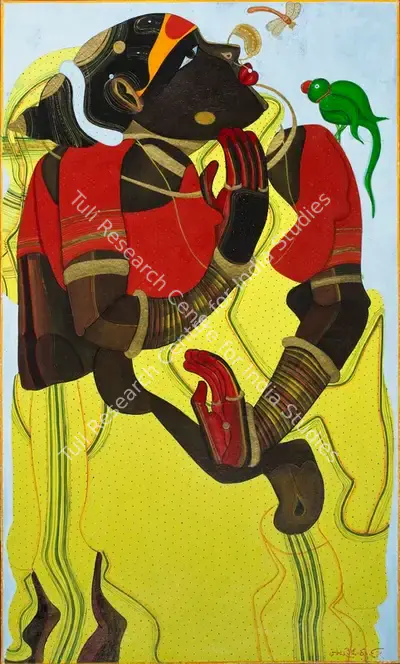 Thota Vaikuntam (Artist), Untitled (Woman with Parrot), 1995, Painting