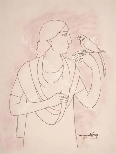 Lalu Prasad Shaw (Artist), Woman with parrot, 1997, Drawing