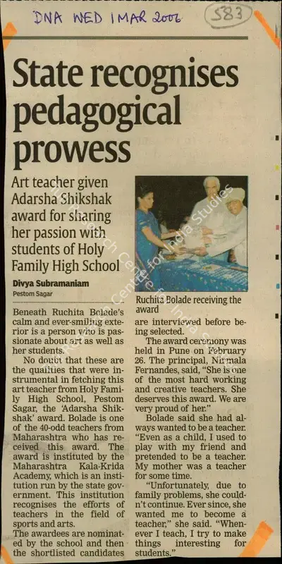 Divya Subramaniam (Reporter), State Recognises Pedagogical Prowess, 2006, Newspaper Clipping