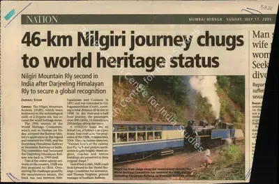 Jayaraj Sivan (Writer), 46-Km Nilgiri Journey Chugs to World Heritage Status, 2005, Newspaper Clipping