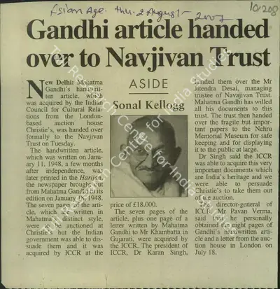 Sonal Kellogg (Reporter), Gandhi Article Handed over to Navjivan Trust, 2007, Newspaper Clipping
