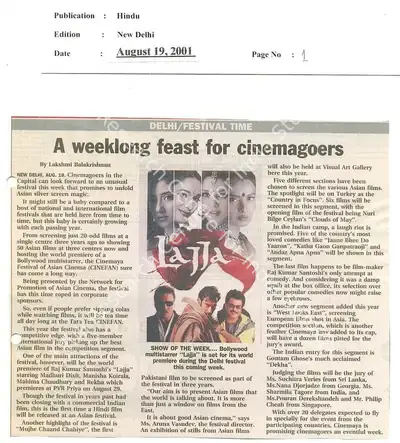 Lakshmi Balakrishnan (Reporter), A weeklong feast for cinemagoers, 2001, Newspaper Clipping