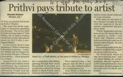 Dhamini Ratnam (Reporter), Prithvi Pays Tribute to Artist, 2009, Newspaper Clipping
