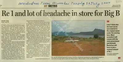 Satyajit Joshi (Reporter), Re 1 and lot of Headache in Store for Big B, 2007, Newspaper Clipping