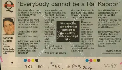 Rubina A. Khan (Reporter), Everybody Cannot Be a Raj Kapoor, 2006, Newspaper Clipping