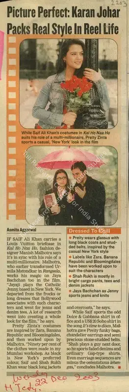Asmita Aggarwal (Writer), Picture Perfect: Karan Johar Packs Real Style In Reel Life, 2003, Newspaper Clipping
