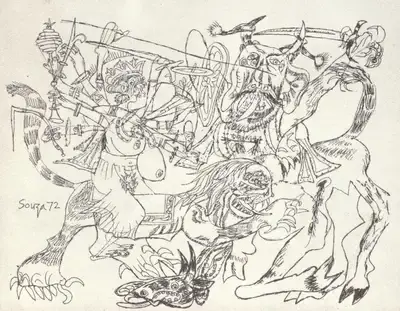 F.N. Souza (Artist), Goddess Slaying the Buffalo Demon, 1972, Drawing