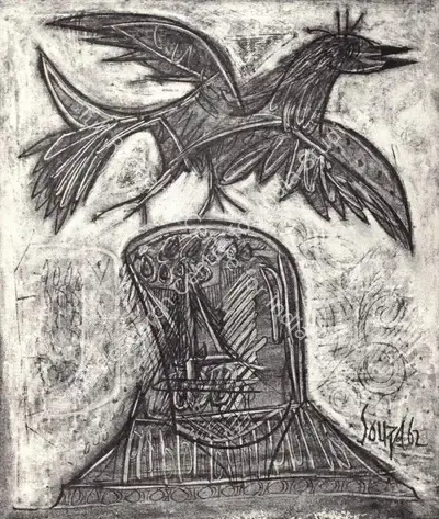 F.N. Souza (Artist), Man with Bird, 1962, Drawing