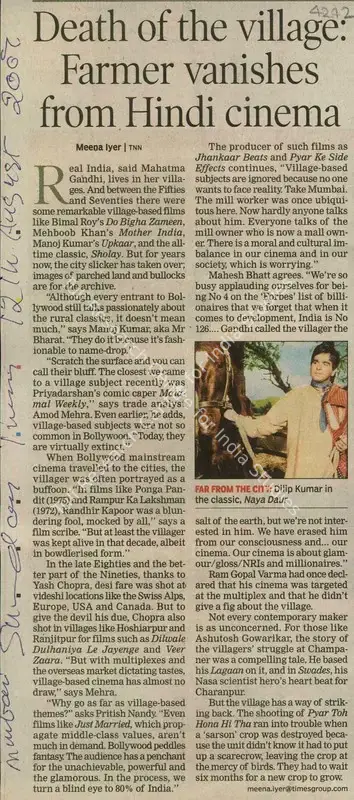 Meena Iyer (Reporter), Death of the Village: Farmer Vanishes from Hindi Cinema, 2007, Newspaper Clipping