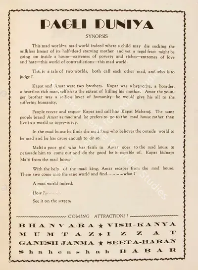 Aspi Irani (Director), Pagli Duniya, 1944, Song-Synopsis Booklet