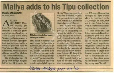 Manu Sara Rajan (Writer), Mallya Adds to His Tipu Collection, 2005, Newspaper Clipping
