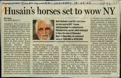 Ella Datta (Reporter), Husain's Horses Set to Wow NY, 2006, Newspaper Clipping