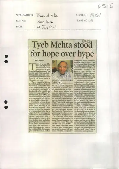 Nina Martyris (Reporter), Tyeb Mehta Stood for Hope over Hype, 2009, Newspaper Clipping