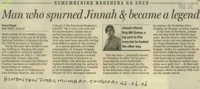 Rahul Singh (Reporter), Man Who Spurned Jinnah & Became a Legend, 2006, Newspaper Clipping