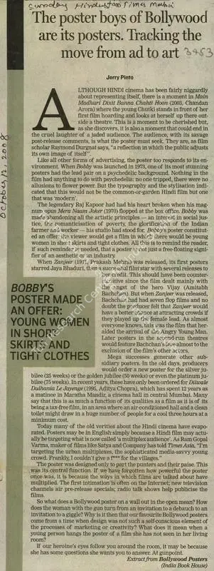 Jerry Pinto (Writer), The Poster Boys of Bollywood are its Posters. Tracking the Move from Ad to Art, 2008, Newspaper Clipping