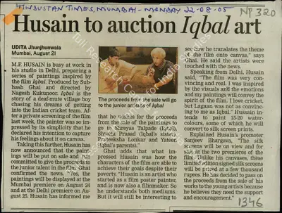 Udita Jhunjhunwala (Reporter), Husain to Auction Iqbal Art, 2005, Newspaper Clipping