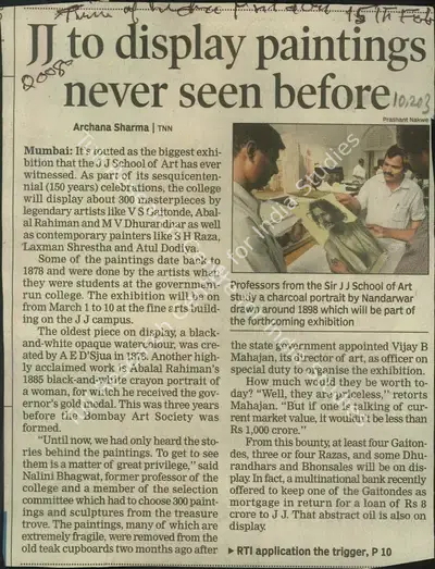 Archana Sharma (Reporter), JJ to Display Paintings Never seen Before, 2008, Newspaper Clipping