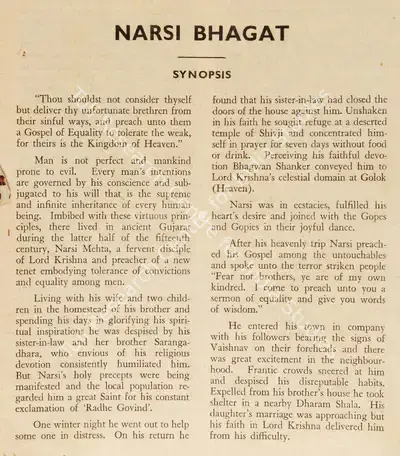 Vijay Bhatt (Director), Narsi Bhagat, 1940, Song-Synopsis Booklet
