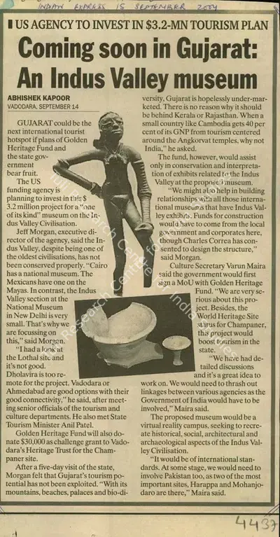 Abhishek Kapoor (Reporter), Coming soon in Gujarat: An Indus Valley Museum, 2004, Newspaper Clipping