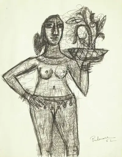 Akbar Padamsee (Artist), Untitled (Girl with Flowers), 1952, Drawing