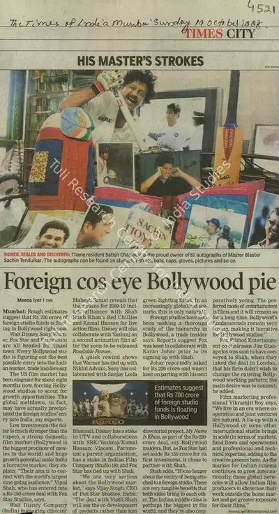 Meena Iyer (Reporter), Foreign cos eye Bollywood Pic, 2008, Newspaper Clipping