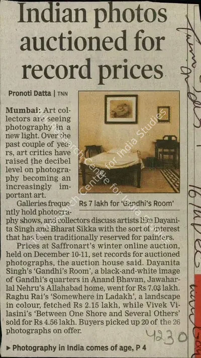 Pronoti Datta (Reporter), Indian Photos Auctioned for Record Prices, 2008, Newspaper Clipping