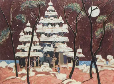 A.A. Almelkar (Artist), Moonlit Temple, 1962, Painting
