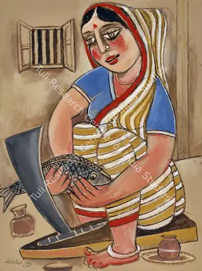 Paritosh Sen (Artist), Woman Cutting A Fish, 2004, Painting