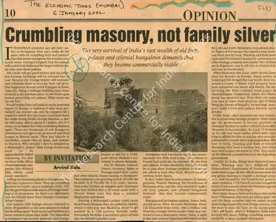 Arvind Kala (Reporter), Crumbling Masonry, not Family Silver, 2002, Newspaper Clipping