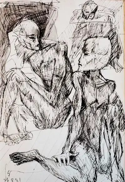 Somnath Hore (Artist), Untitled (Figures), 1981, Drawing